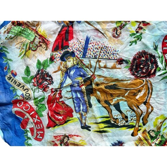 Mexico Souvenir Vintage Scarf Folk Art Illustrations Floral Details - Picture 10 of 10